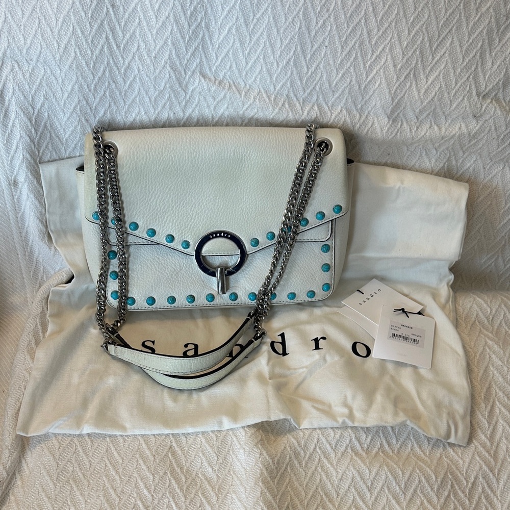 Sandro Yza White Crossbody Bag with Turquoise Accents and Silver Hardware